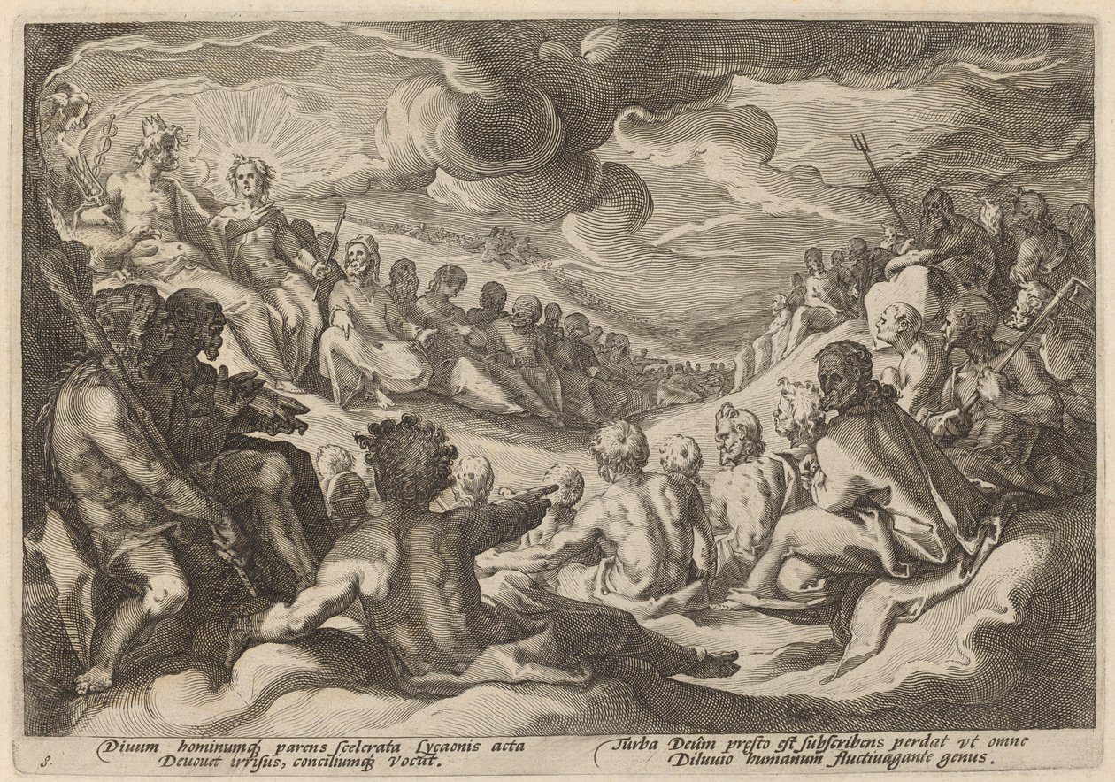 Jupiter Taking Counsel from the Gods about the Destruction of the Universe by Workshop of Hendrick Goltzius, after Hendrick Goltzius