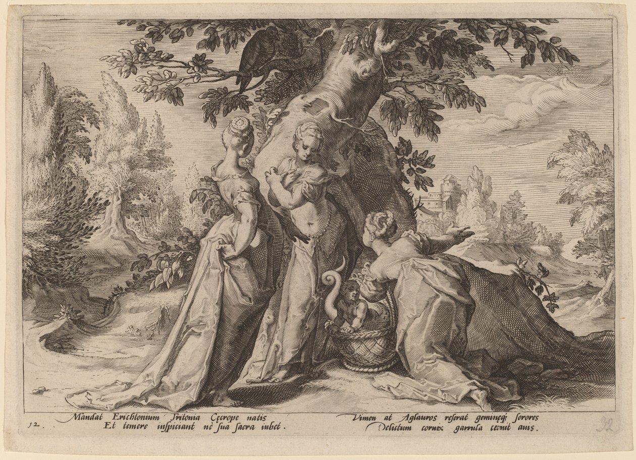 The Daughters of Cecrops Open the Casket Entrusted to Them by Minerva by Workshop of Hendrick Goltzius, after Hendrick Goltzius