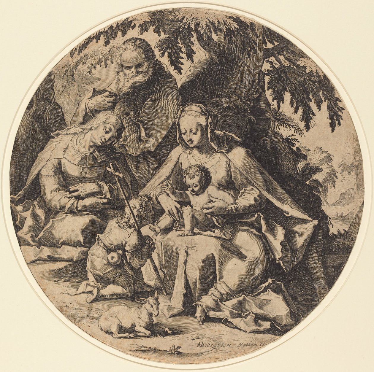 The Holy Family with Saint Elizabeth and Saint John the Baptist by Workshop of Jacob Matham, after Hendrik Goltzius
