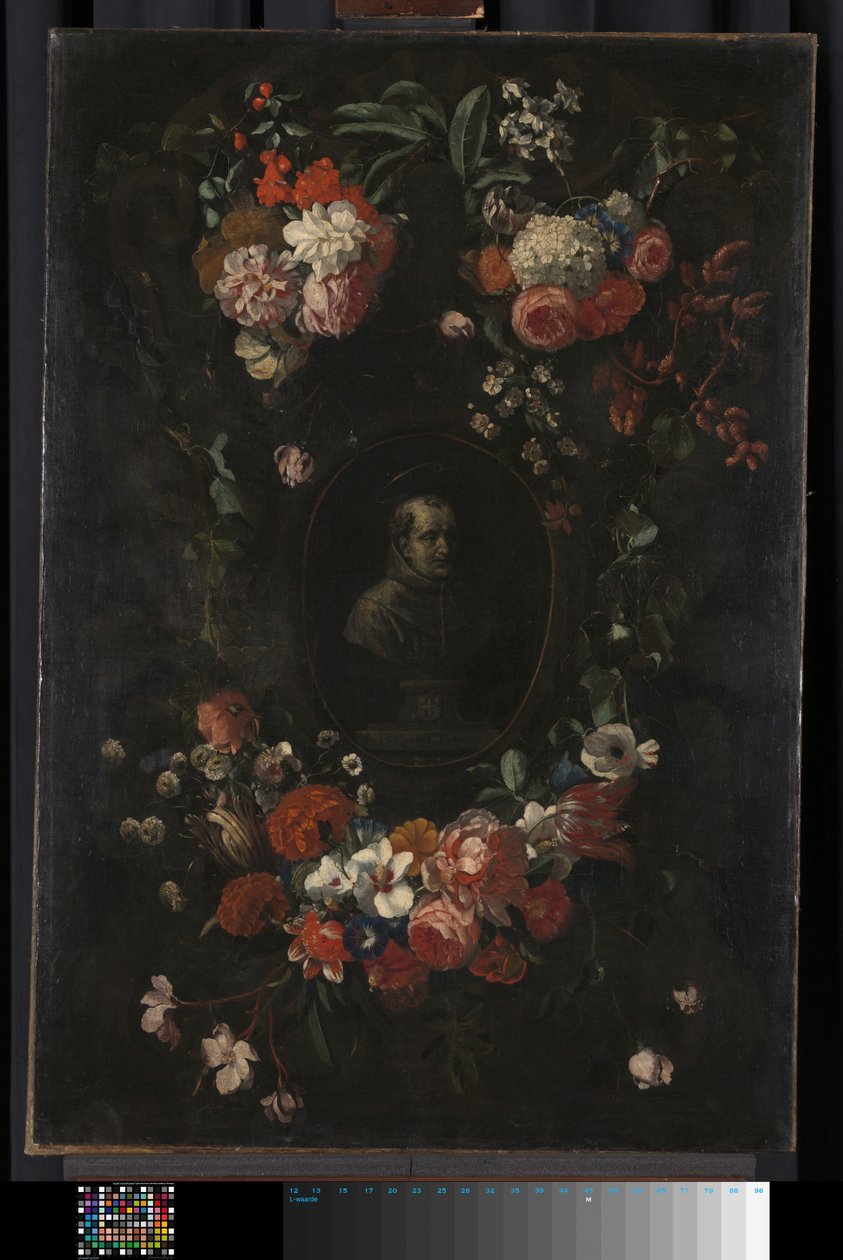 Feigned Sculpted Bust of the Blessed Hieronymus Werdanus Set in a Feigned Stone Cartouche, Decorated with a Swag and Two Bunches of Flowers by Wouter Gysaerts