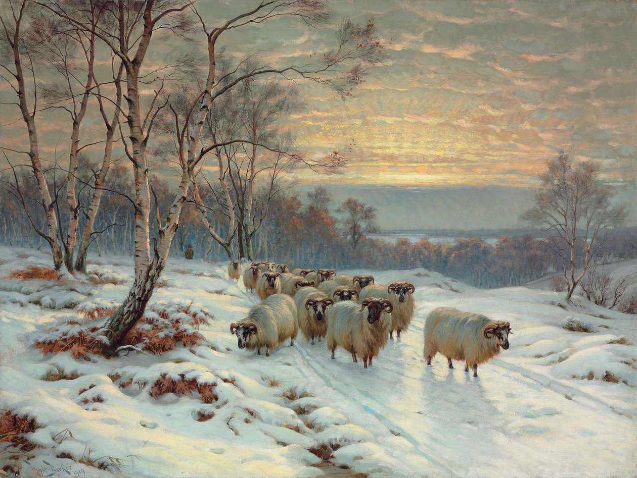 A Shepherd with His Flock in a Winter Landscape by Wright Baker