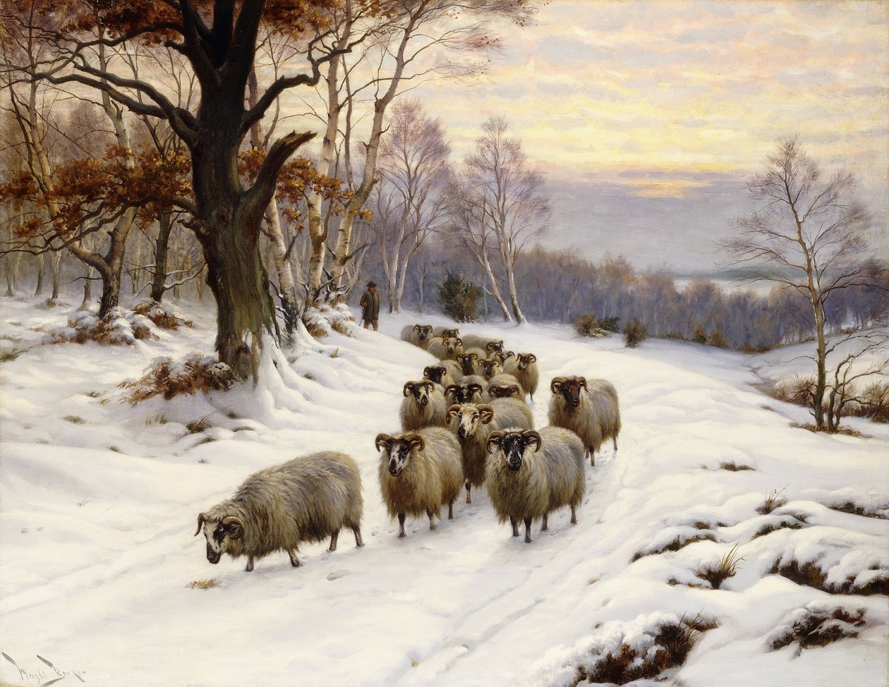 A Shepherd and his Flock on a Path in Winter by Wright Barker