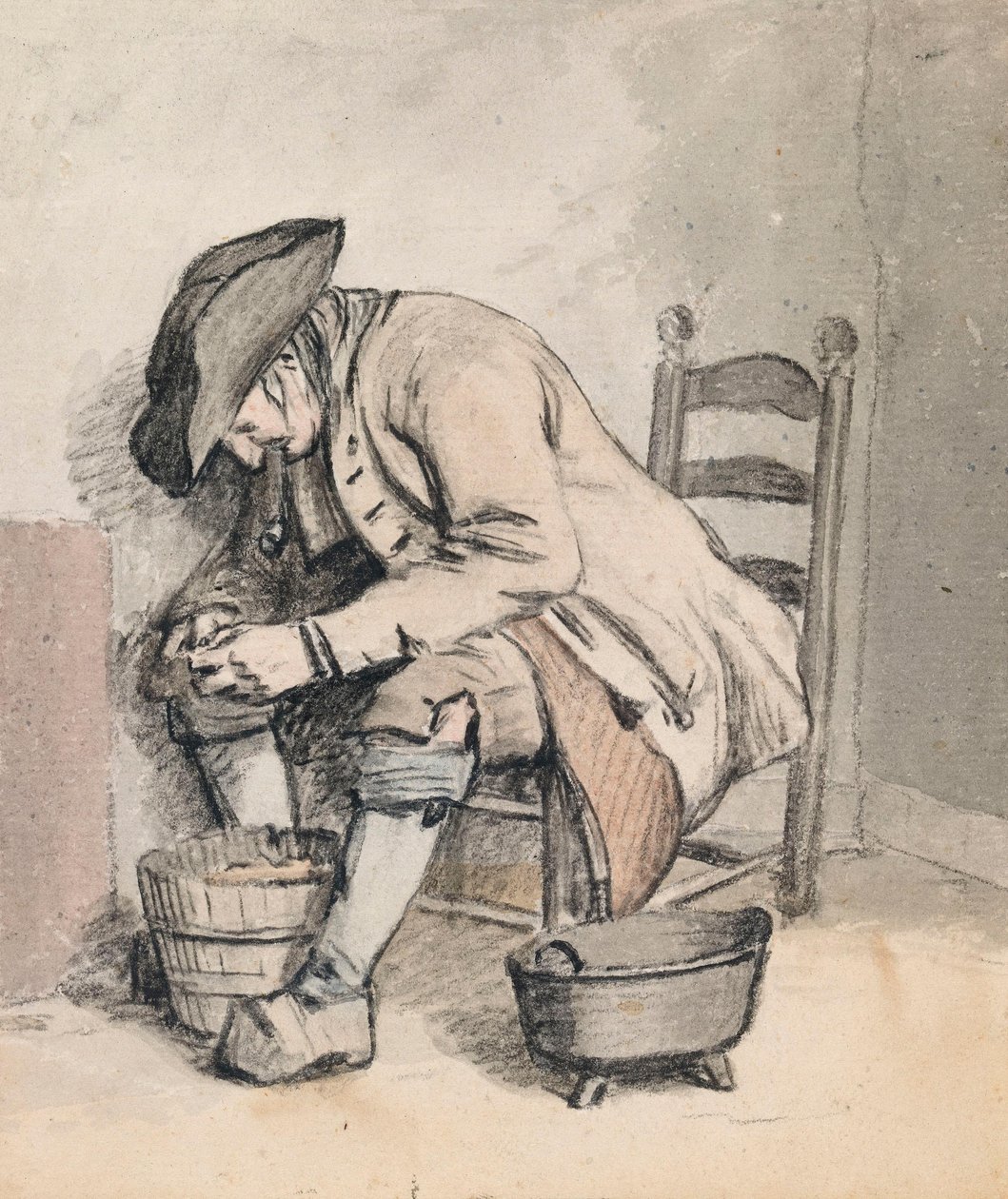 A Seated Man Leaning over a Pail; Three Women (Shadowy) on verso by Wybrand Hendriks
