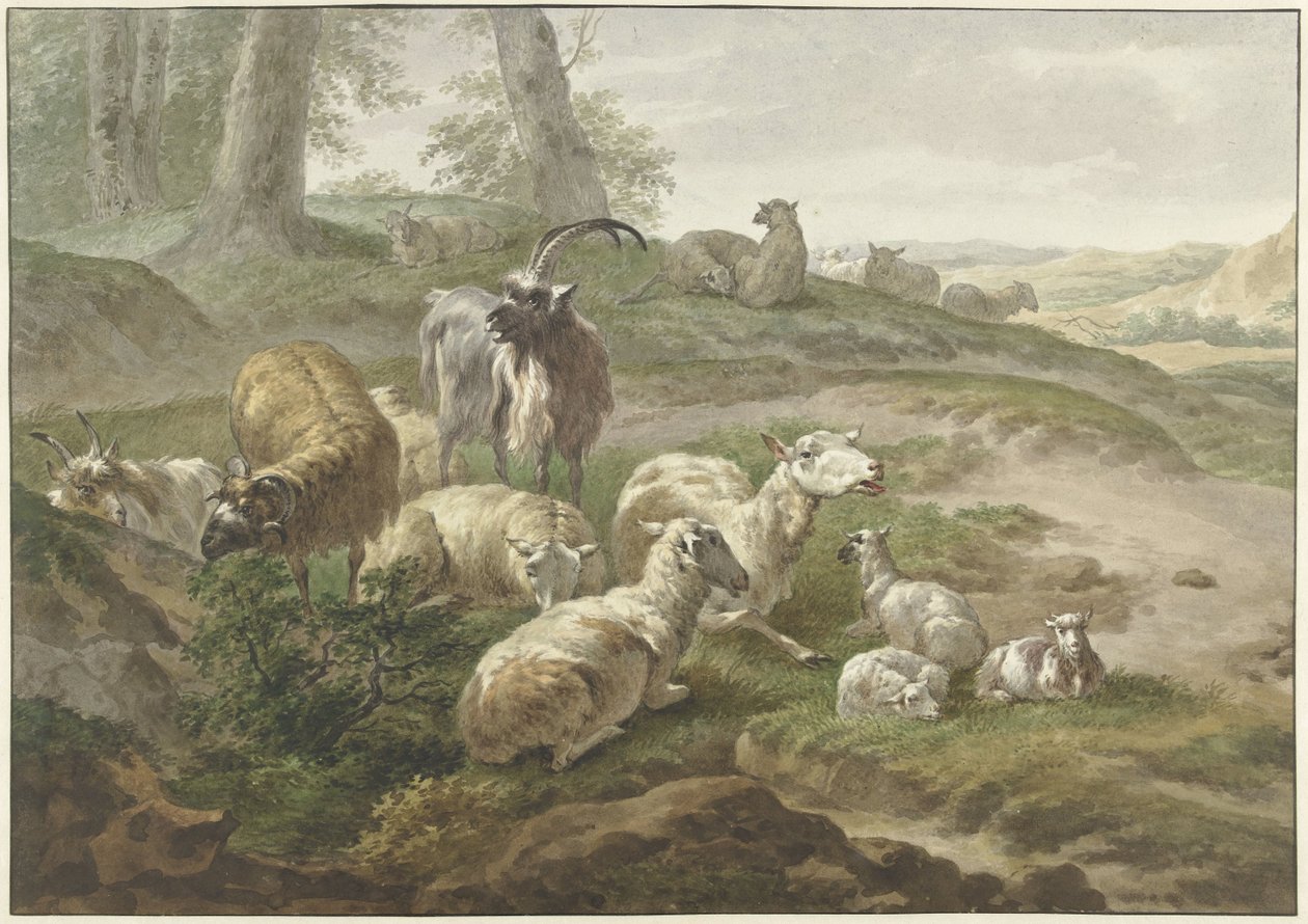 Goats and Sheep in a Hilly Landscape by Wybrand Hendriks