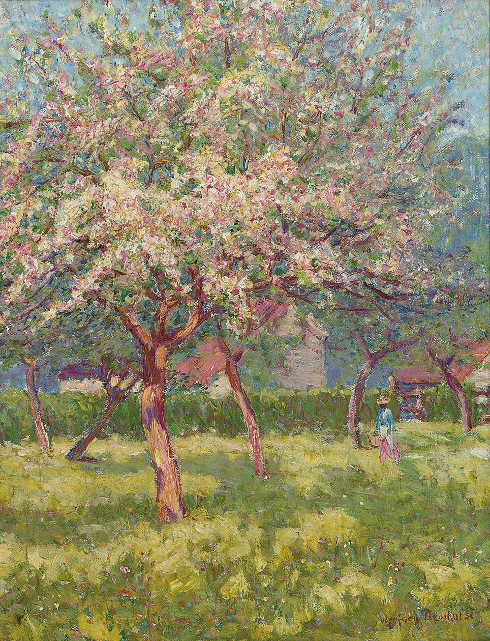 An orchard in bloom by Wynford Dewhurst