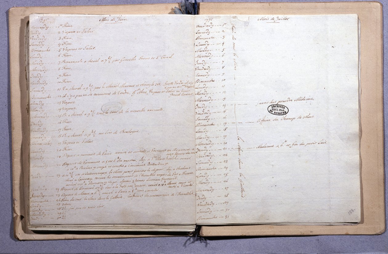 Journal of Louis XVI. Month of June and July 1791. Notebook 17X21 cm. Archives Nationales. Paris by XVI Louis