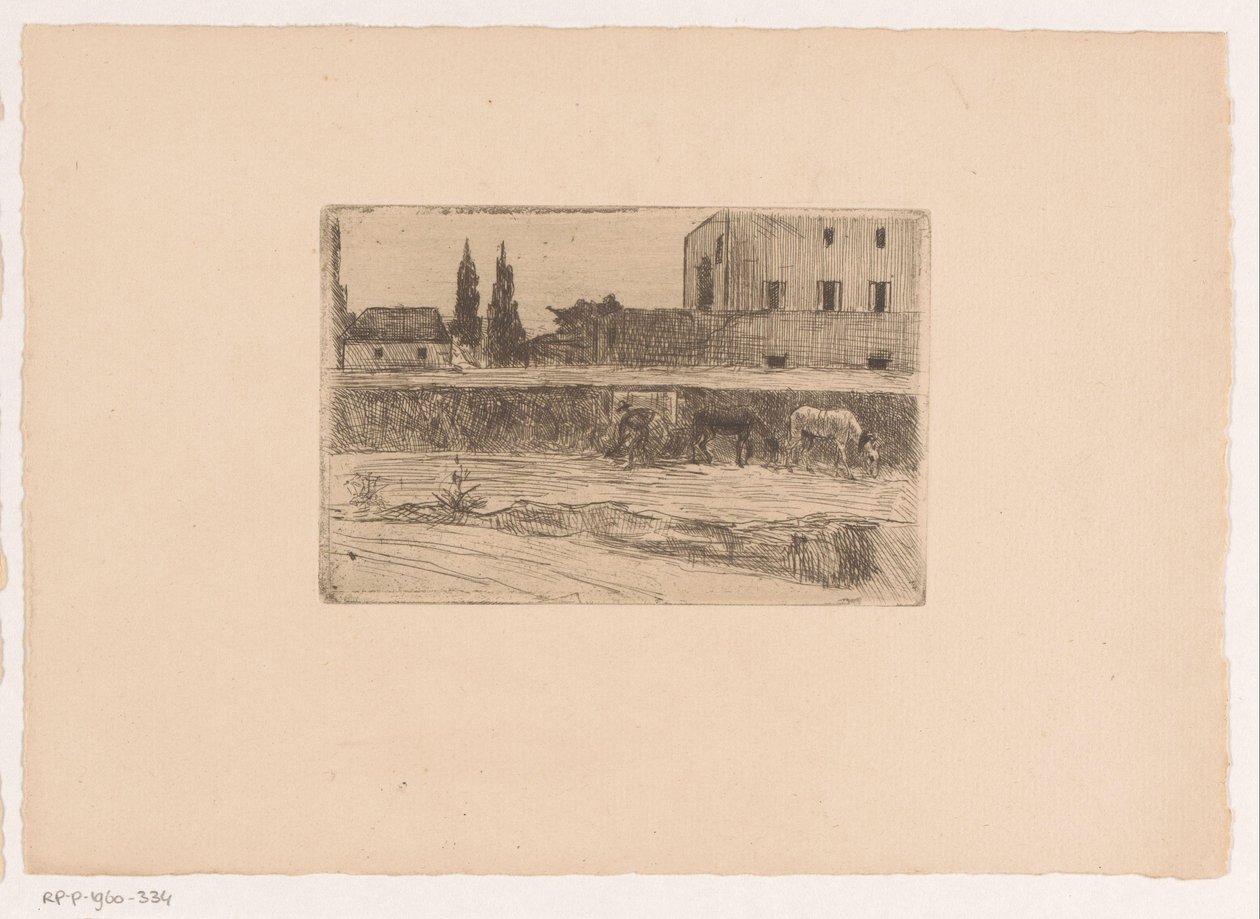 Landscape with Buildings and a Figure at Work by Xavier Mellery (attributed to)