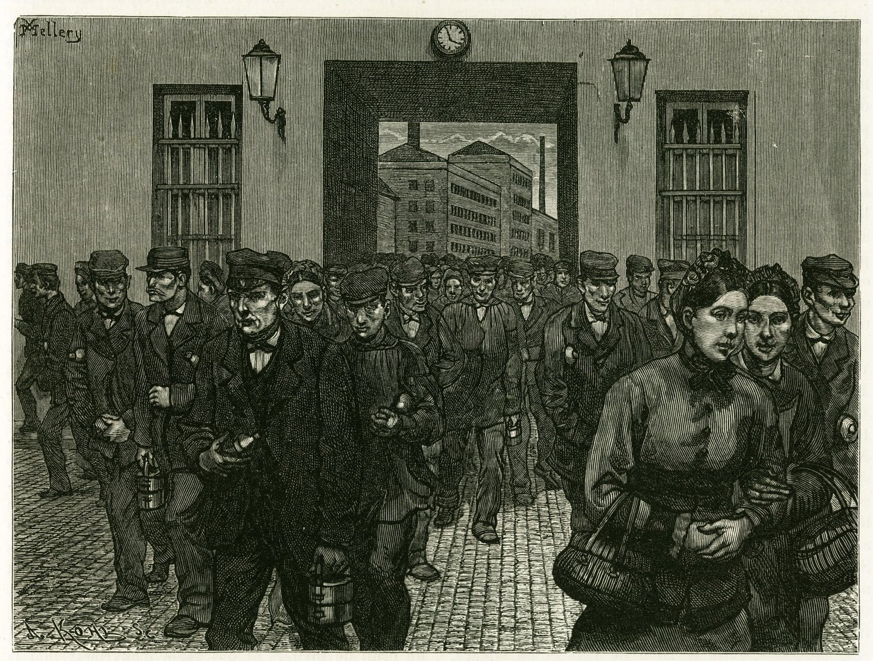 A factory exit in Ghent. Engraving by X. Mellery, after nature, to illustrate the story 