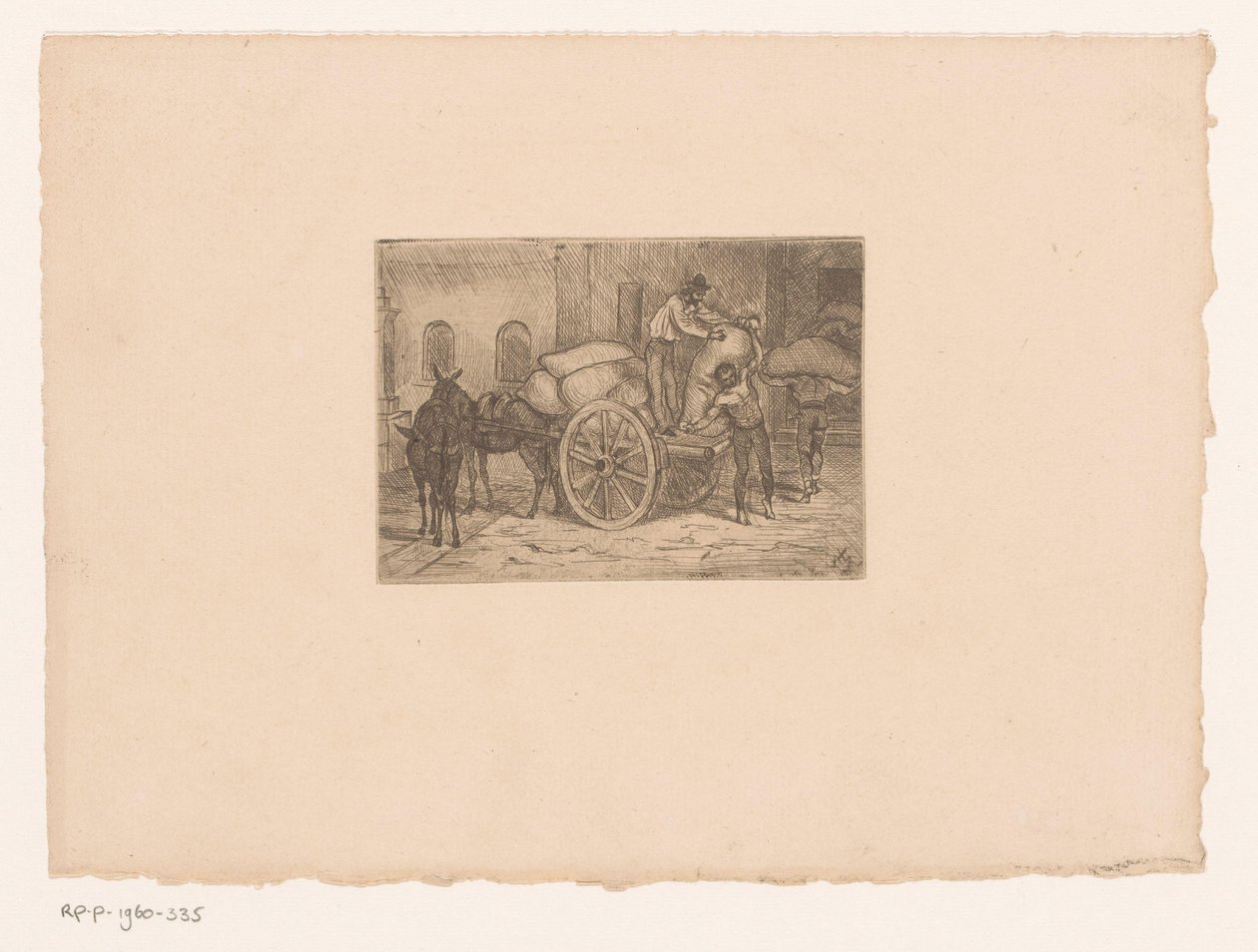 Men unloading sacks from a mule-drawn cart by Xavier Mellery