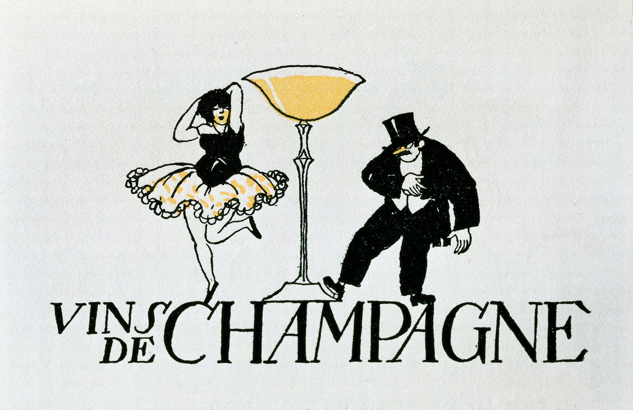 Advertising vignette for Champagne wines representing a couple dancing around a cup, 20th century by Xavier Nogues