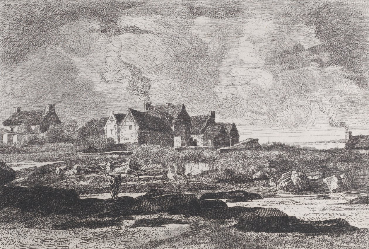 Country landscape with a river running at right and houses in the background by Xavier de Dananche