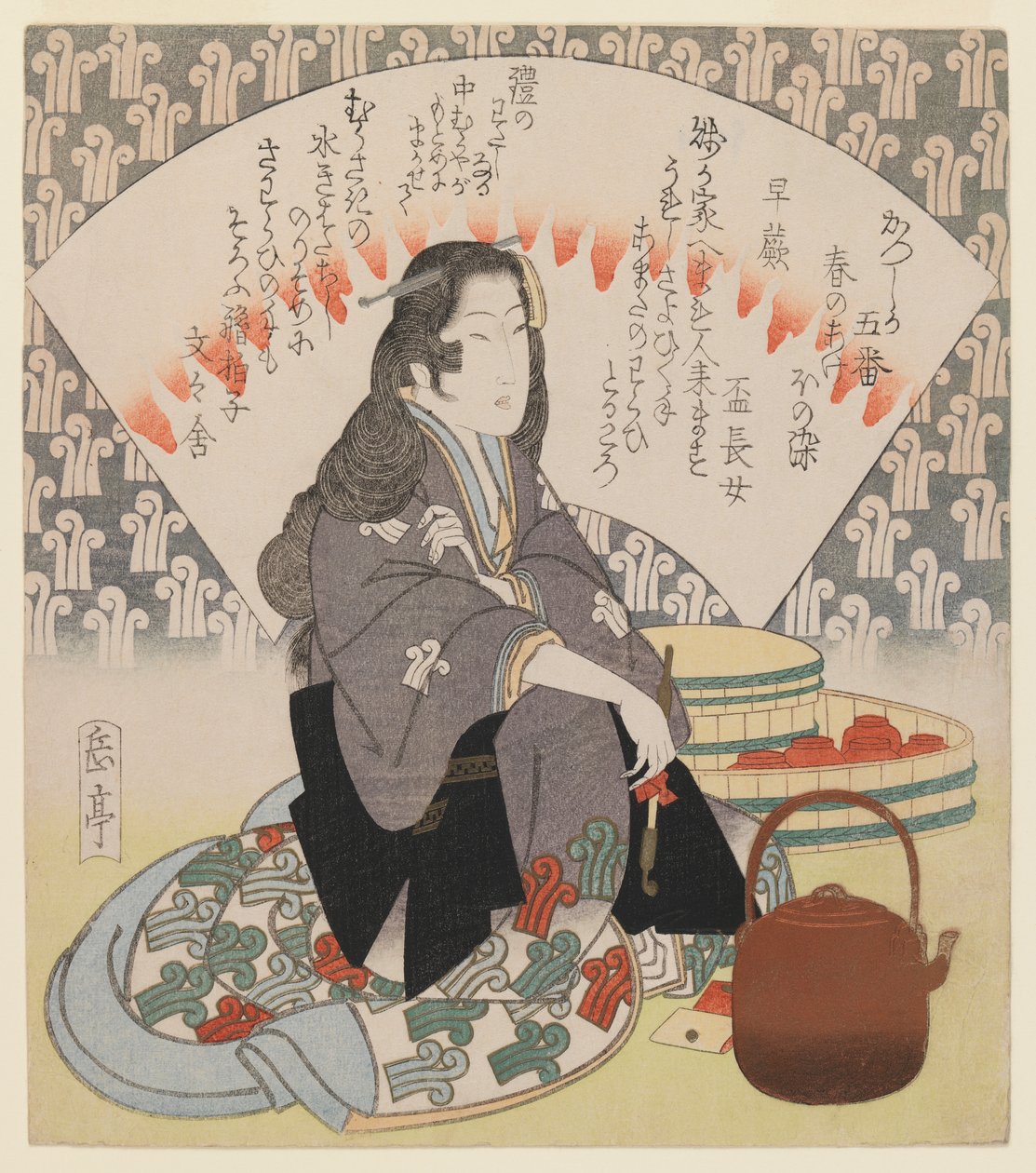 Waitress and Copper Kettle From the Series of 5 Surimono for the Katsushika Poetry Club by Yashima Gakutei