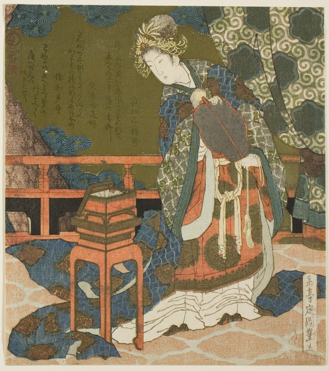 Two Chinese Women Examining Thread and a Spider’s Web in a Box, from the Series "Diptych for the Drum Group" by Yashima Gakutei