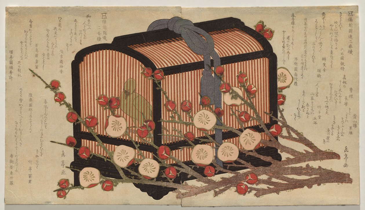 Two Continuous Designs for the Bizen Province Club: Warbler in a Cage with Branches of Blossoming Plum by Yashima Gakutei