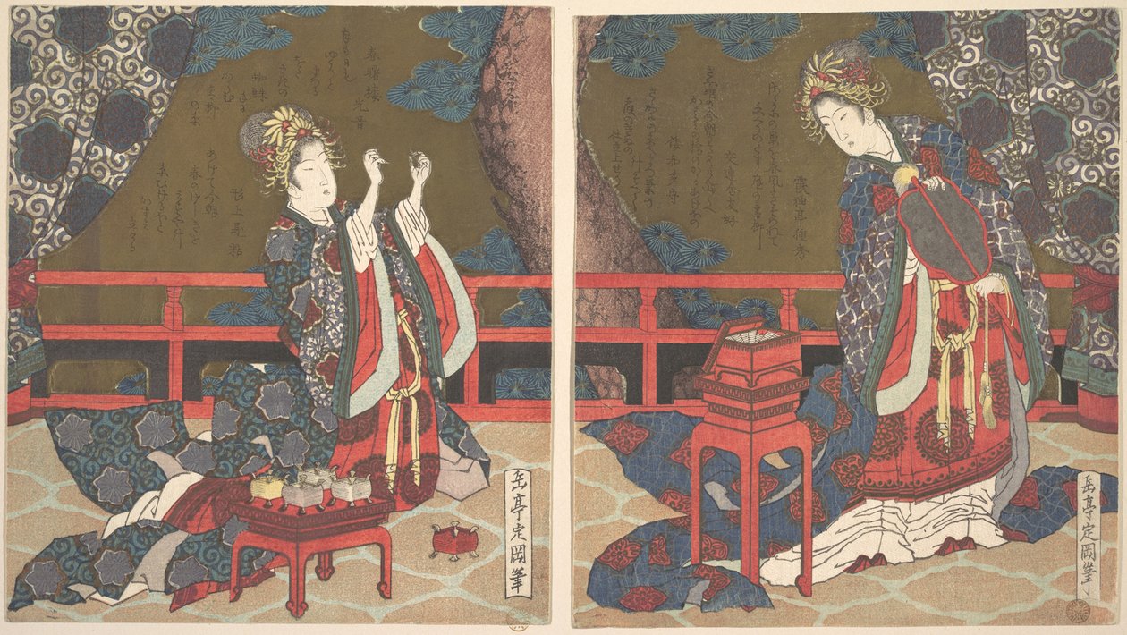 Two Ladies on a Verandah, One with Fan, the Other Threading a Needle by Yashima Gakutei