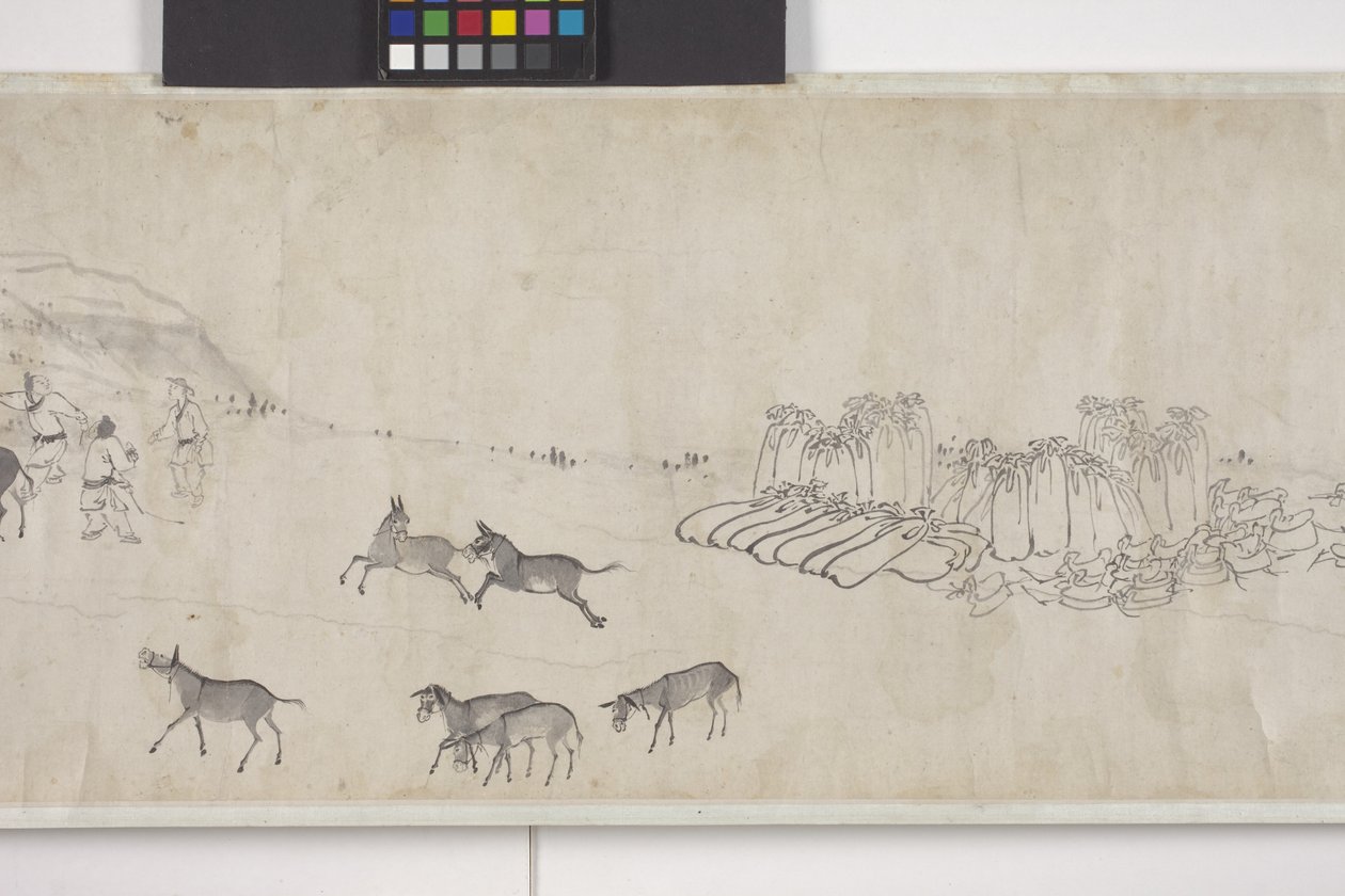 One-Hundred Donkeys Transporting Grain, Handscroll, c.1700 by Ye Yin
