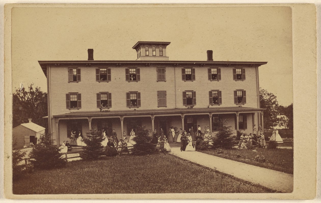 View of a House with Numerous People on Porch and Lawn by Yeaw and Company