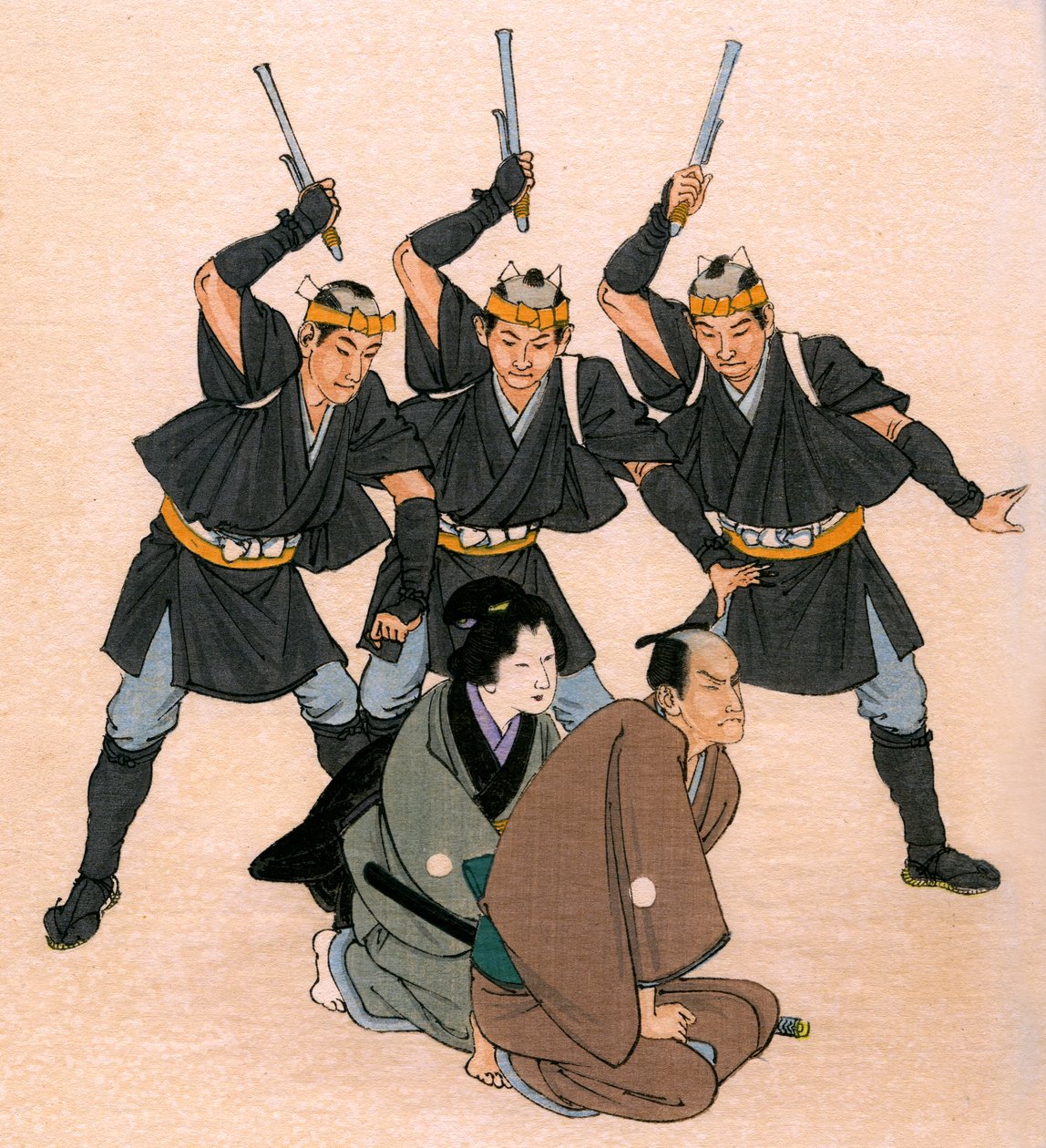 Traditional Japanese theatre: three men-at-arms threaten a male and a female character by Yoshimune Arai