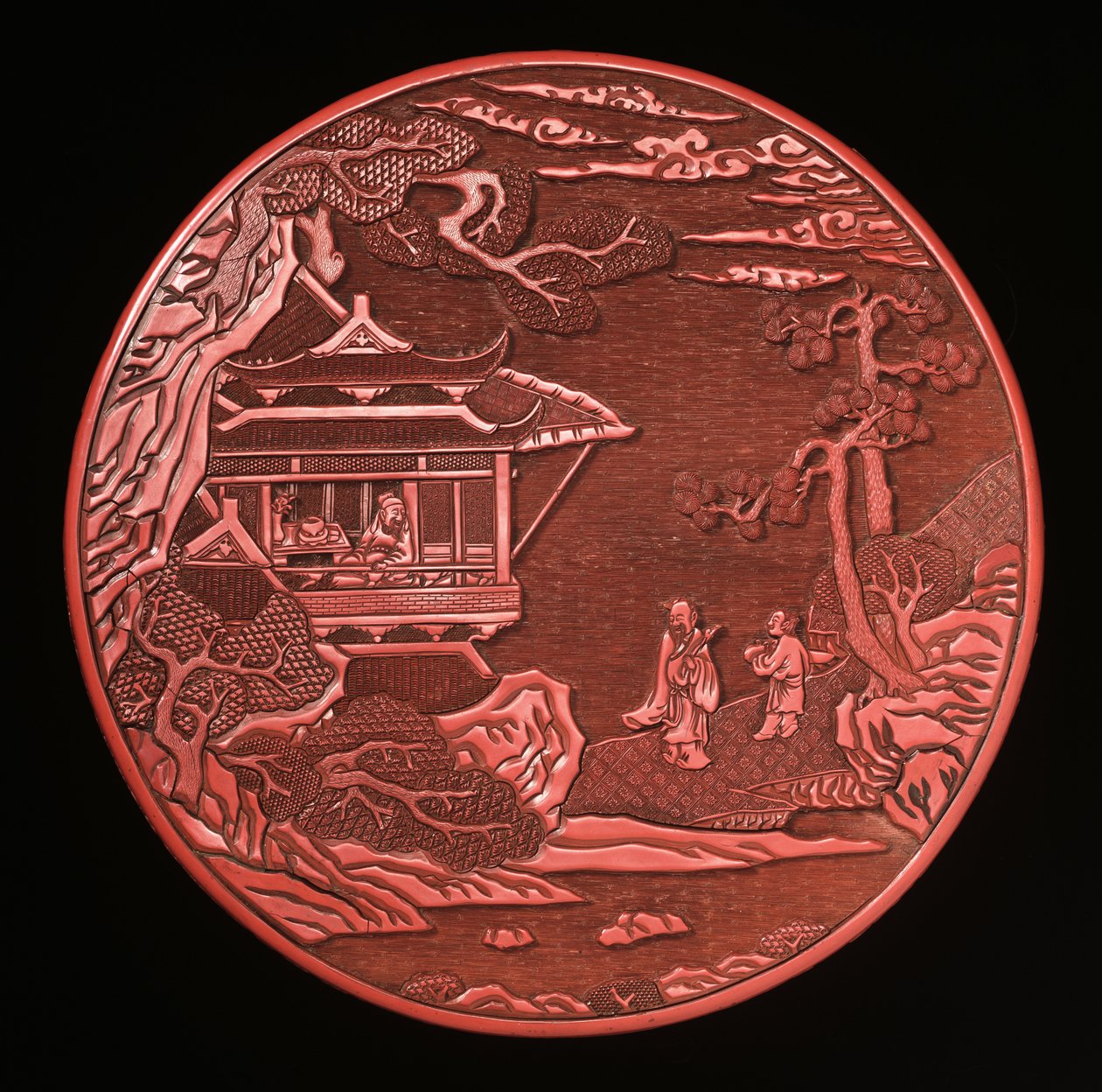 Circular Carved Cinnabar Box and Cover by Yuan Dynasty Chinese School