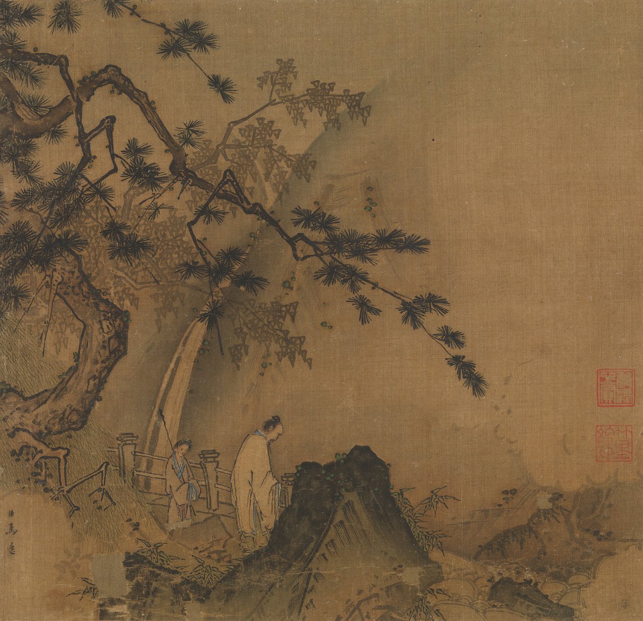 Scholar viewing a waterfall by Yuan Ma