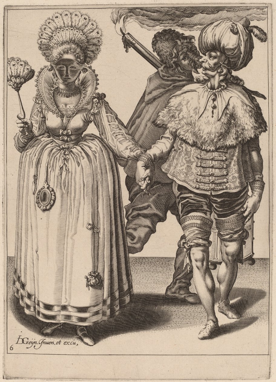 A Man with a Turban Leading a Woman Wearing Peacock Feathers by Zacharias Dolendo after Jacques de Gheyn II