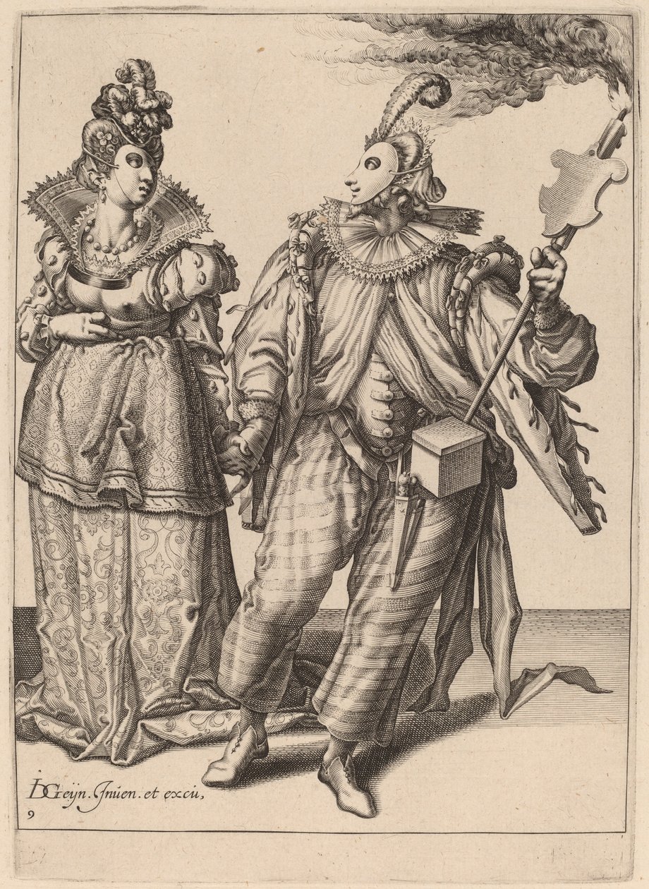 A Woman Led by a Player Holding a Torch by Zacharias Dolendo after Jacques de Gheyn II