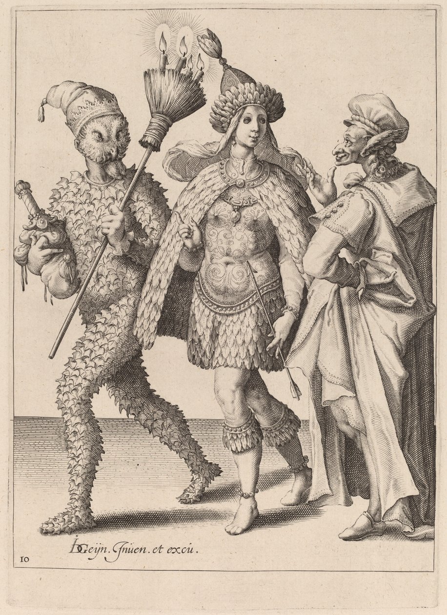 An Old Mummer Addressing a Couple Dressed in Feathers by Zacharias Dolendo after Jacques de Gheyn II