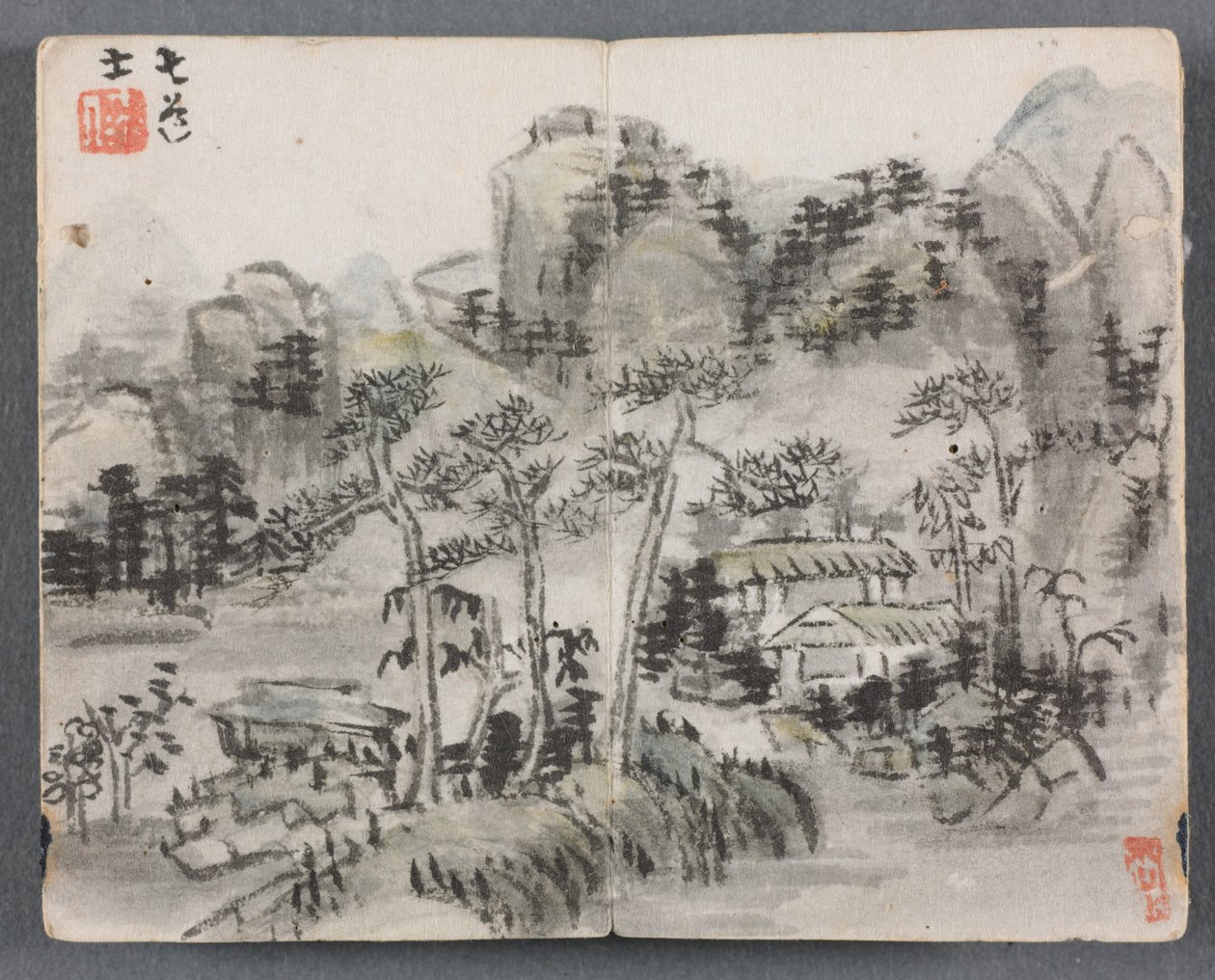 Miniature Album with Figures and Landscape: Landscape with Two Buildings, 1822 by Zeng Yangdong