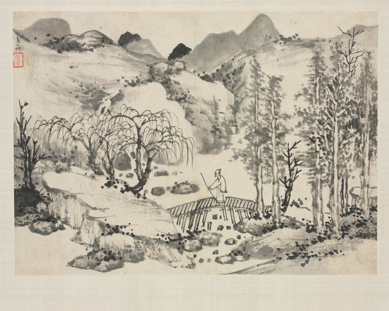Landscape Album in Various Styles: Landscape with Artist on a Bridge by Zha Shibiao