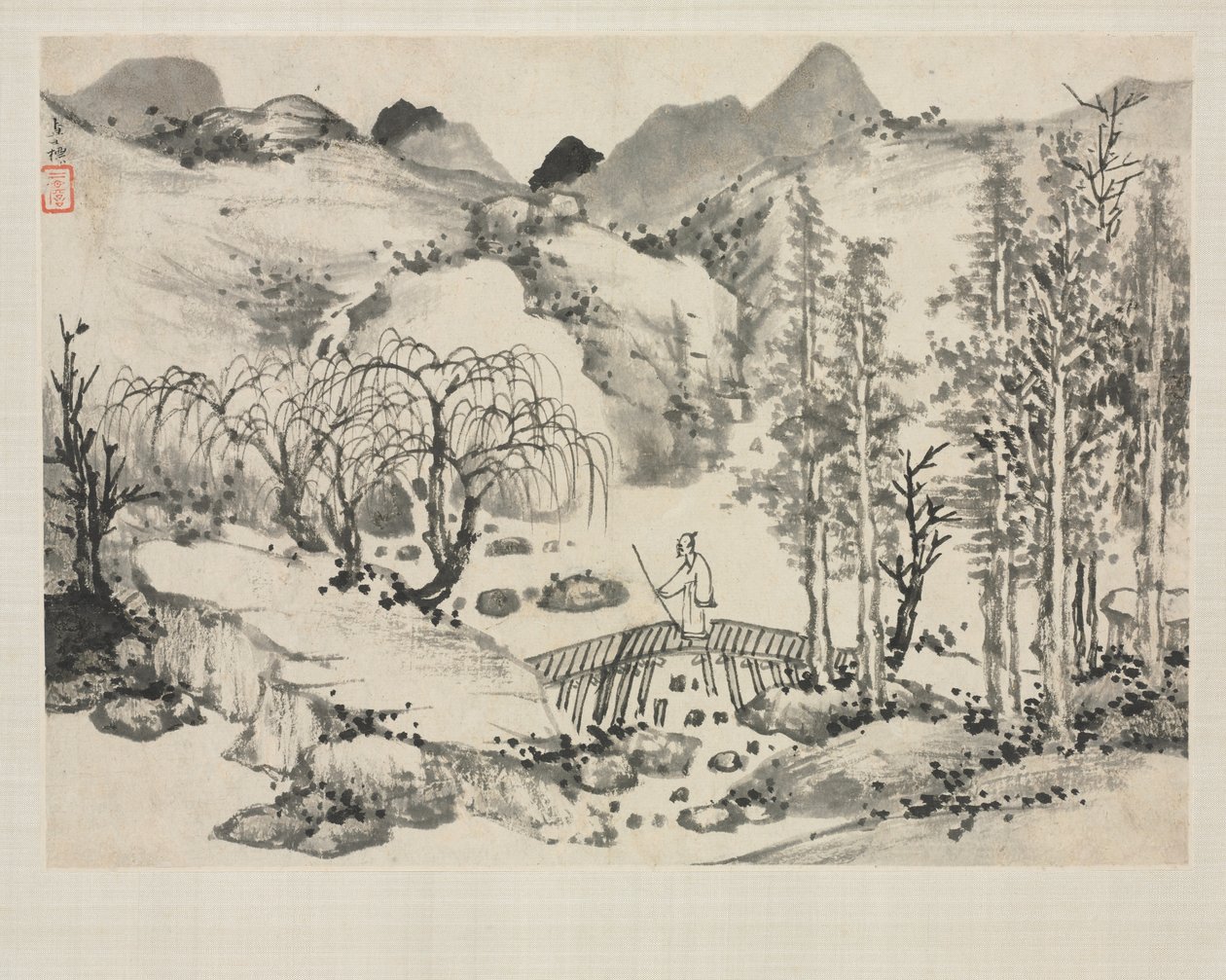 Landscape Album in Various Styles: Landscape with Artist on a Bridge by Zha Shibiao
