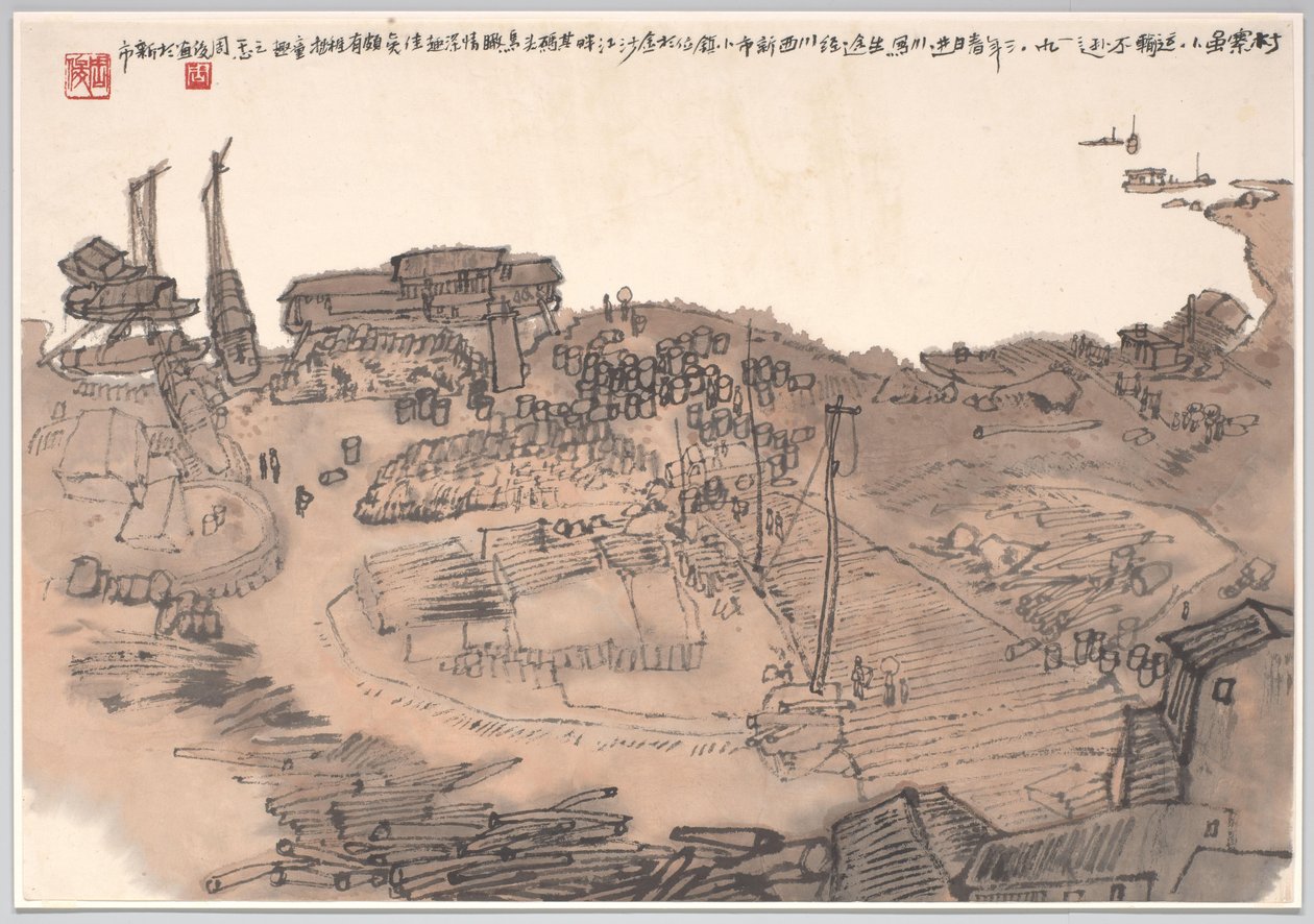 Painting Depicting the Wharf of Xinshi, Sichuan Province on the Jinshajiang River by Zhou Jun
