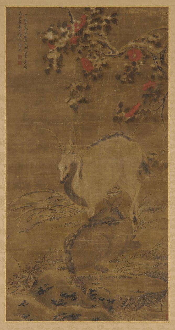 A stag, a doe, and red camellias in snow by Zhou Yuan
