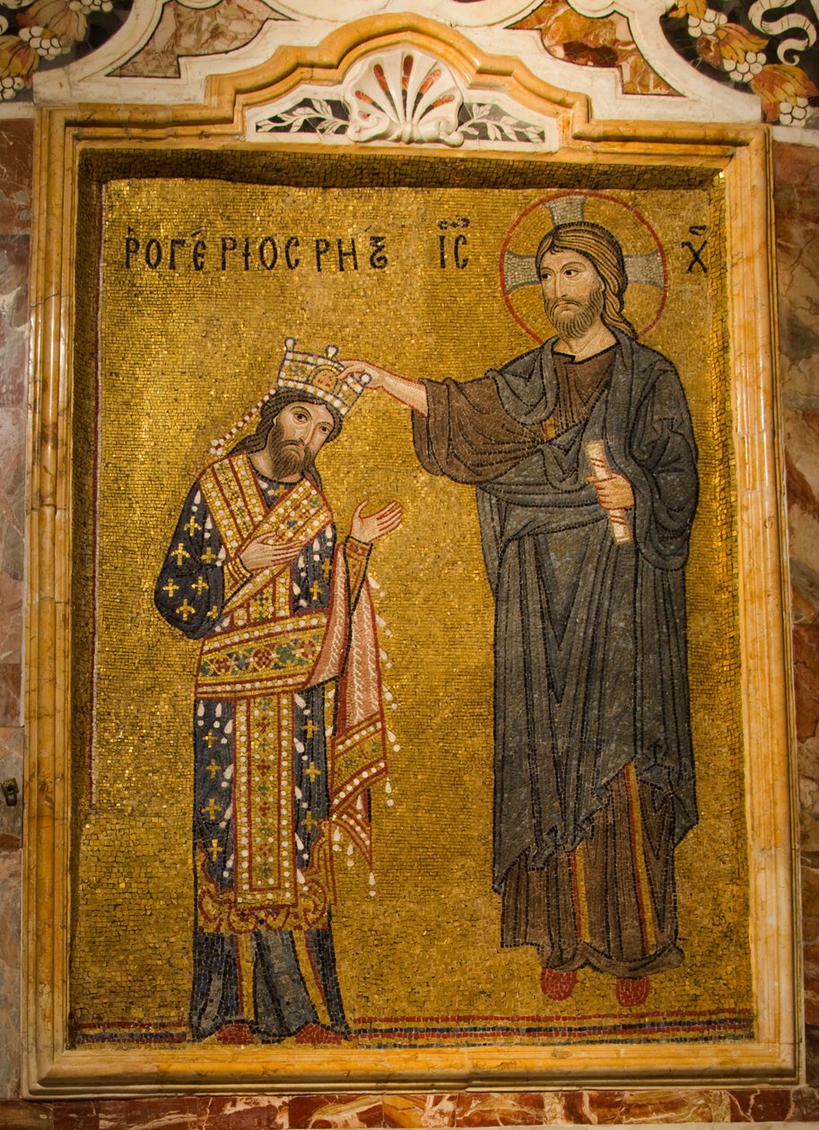 Interior Mosaic of King Roger II Receiving the Crown of Sicily from Christ, Piazza Bellini, Palermo, Sicily, Italy (photo) by . .