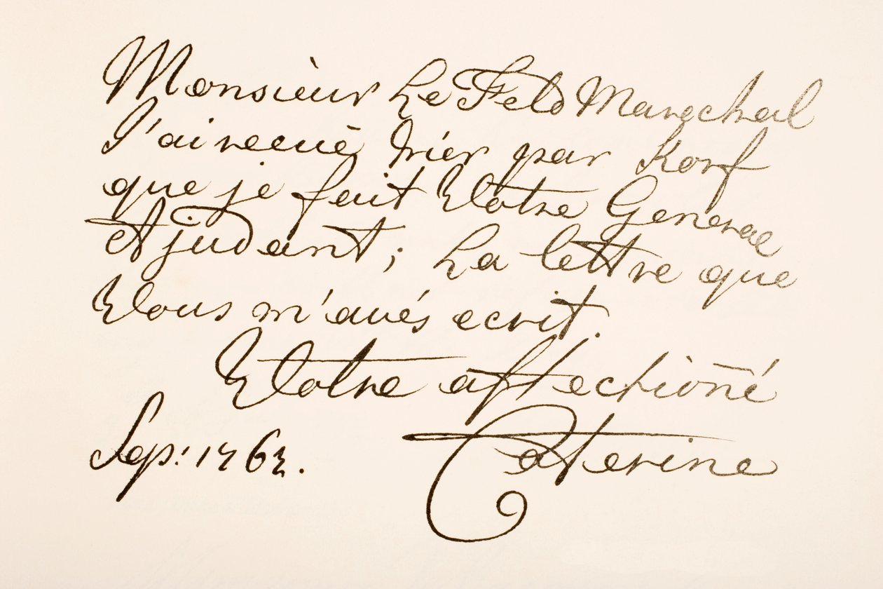 Hand writing sample of Empress Catherine II of Russia, known as Catherine the Great by Ferdinand Georg Waldmuller