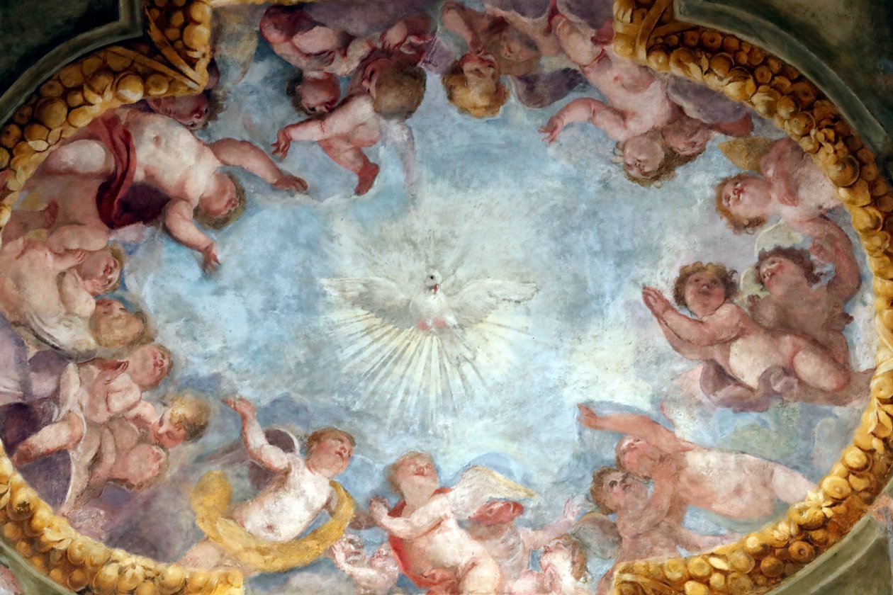 Holy Spirit and Angels, Fresco, Santa Maria delle Vigne Basilica, Genoa, Italy by . .