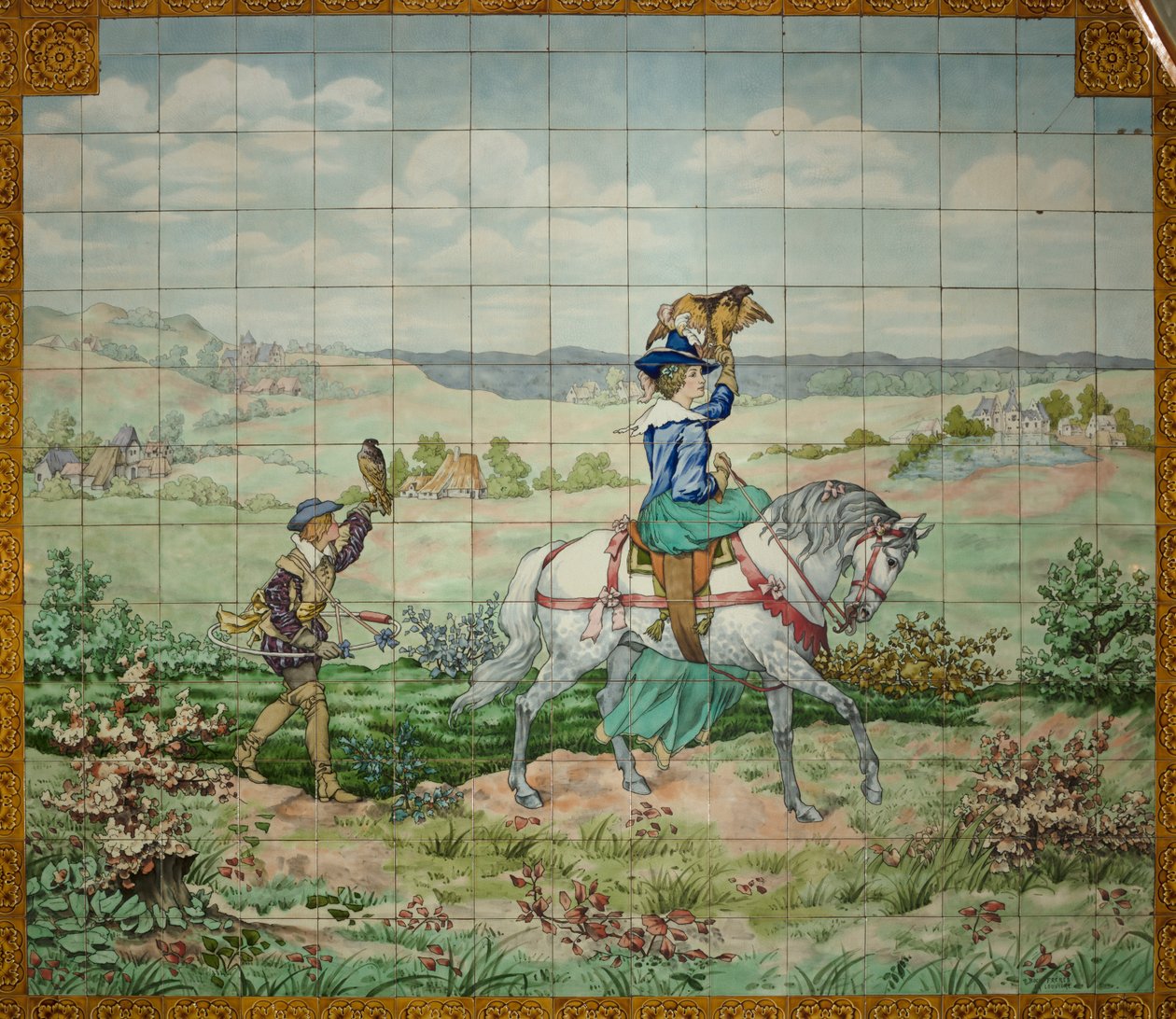 Interior View, Tile Panel, Painter Furcy Ernest Tondeur, Executor Boch Frères La Louvière, Hunting Scene with a Nobleman and a Noblewoman with Falcons by . .