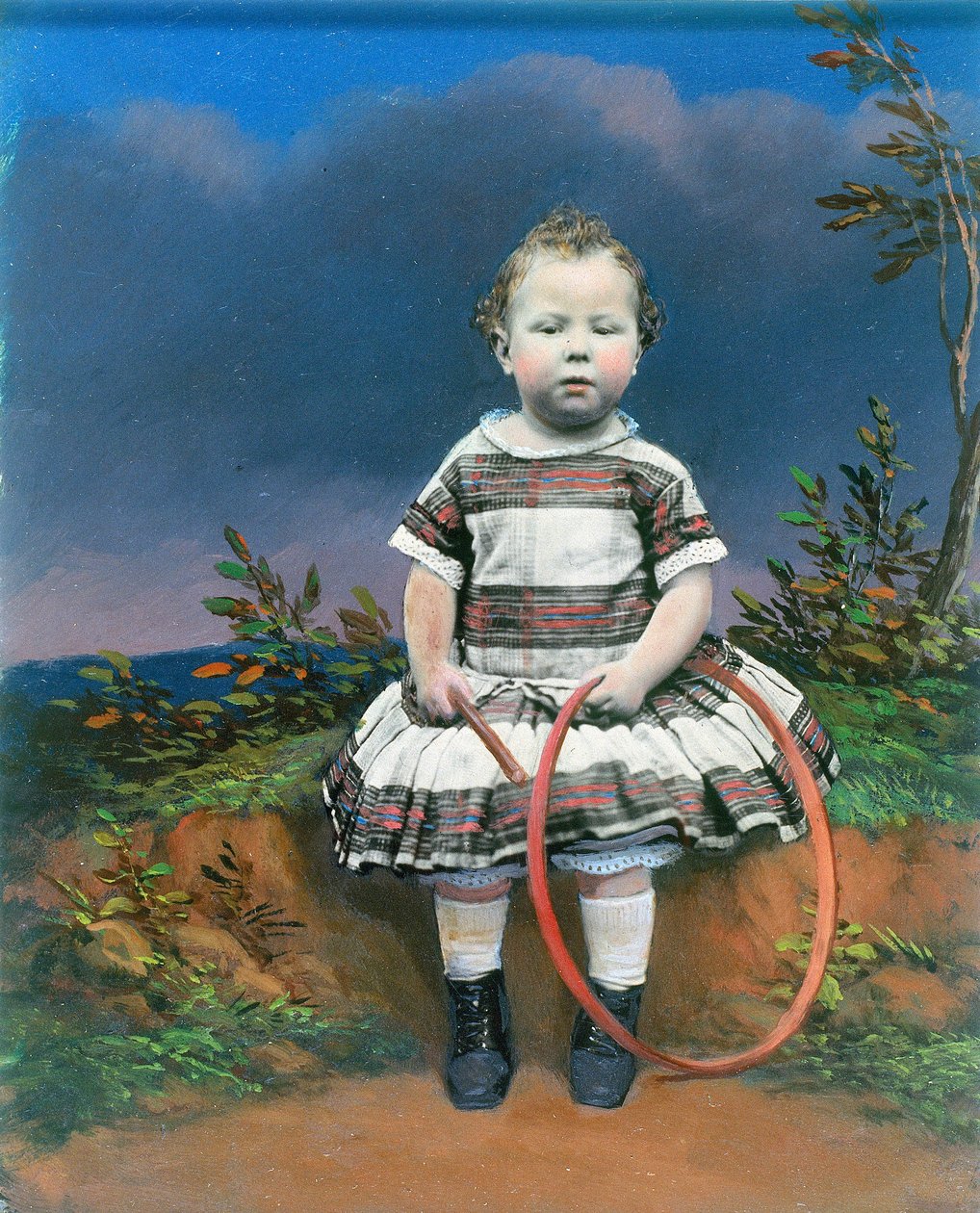 Portrait of a child with a hoop, hand-coloured ambrotype, c 1860 by Ferdinand Georg Waldmuller