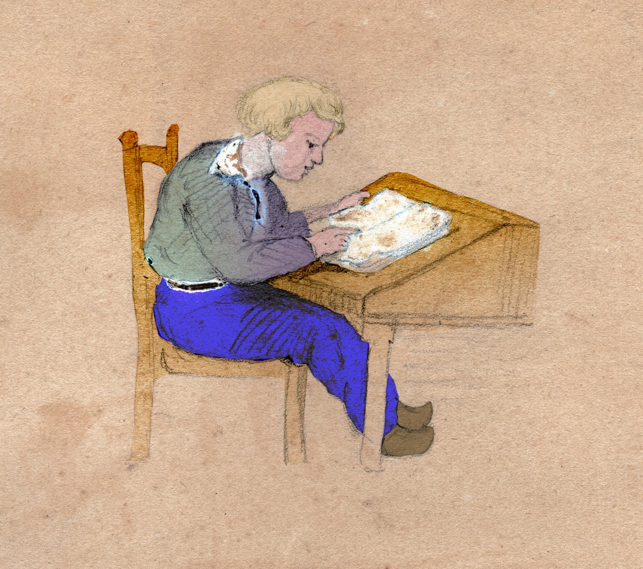 Schoolboy at Work on His Desk by . .