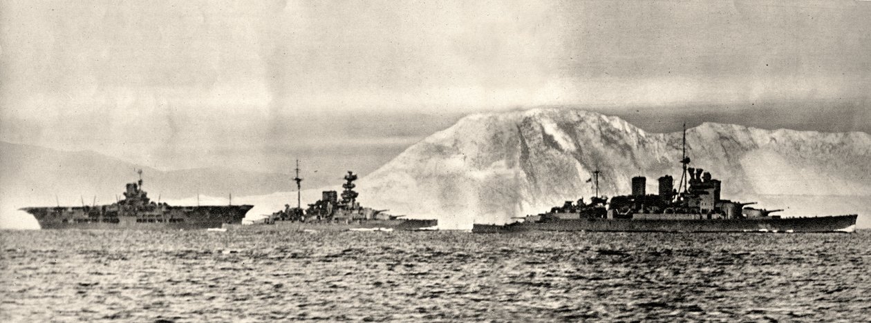 Ships HMS Ark Royal, HMS Malaya and HMS Renown leaving their base in Gibraltar, c.1940 by . .
