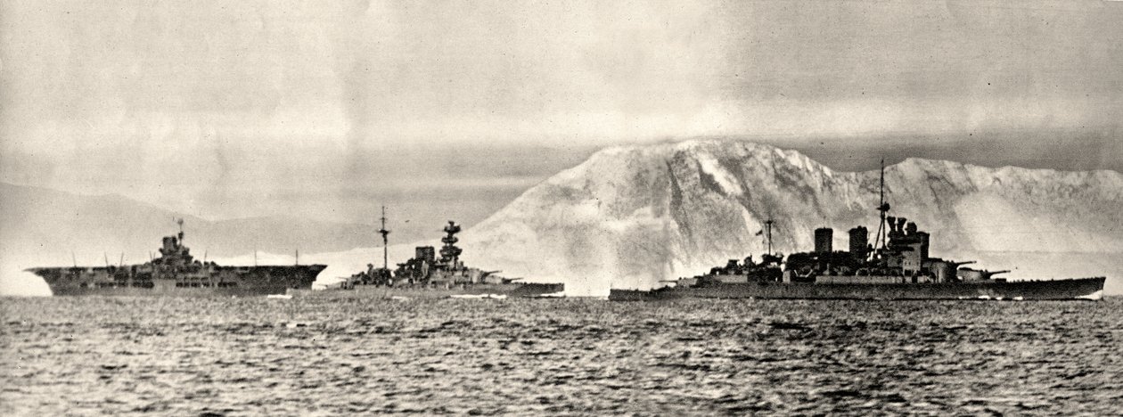 Ships HMS Ark Royal, HMS Malaya and HMS Renown leaving their base in Gibraltar, c.1940 (photo) by . .