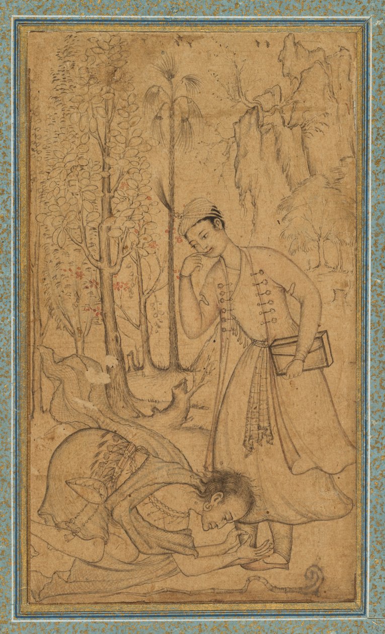 A Holy Man Prostrating Himself Before a Learned Prince, c. 1585 (border added probably 1700s) by   Manohar