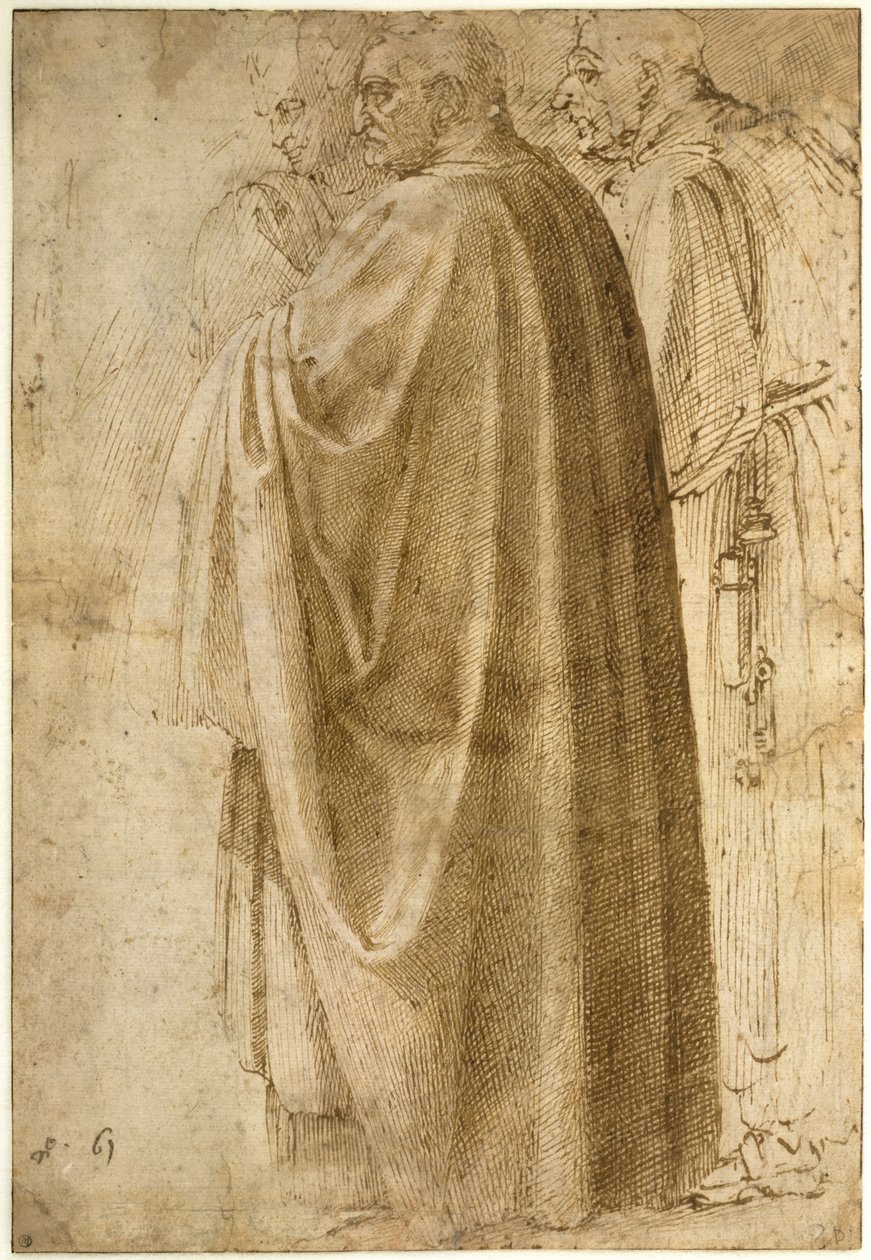 Three Standing Men in Wide Cloaks Turned to the Left by Michelangelo