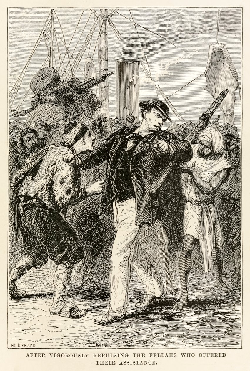 After vigorously repulsing the fellahs who offered their assistance, from Around the World in Eighty Days by Jules Verne by after Alphonse Marie de Neuville
