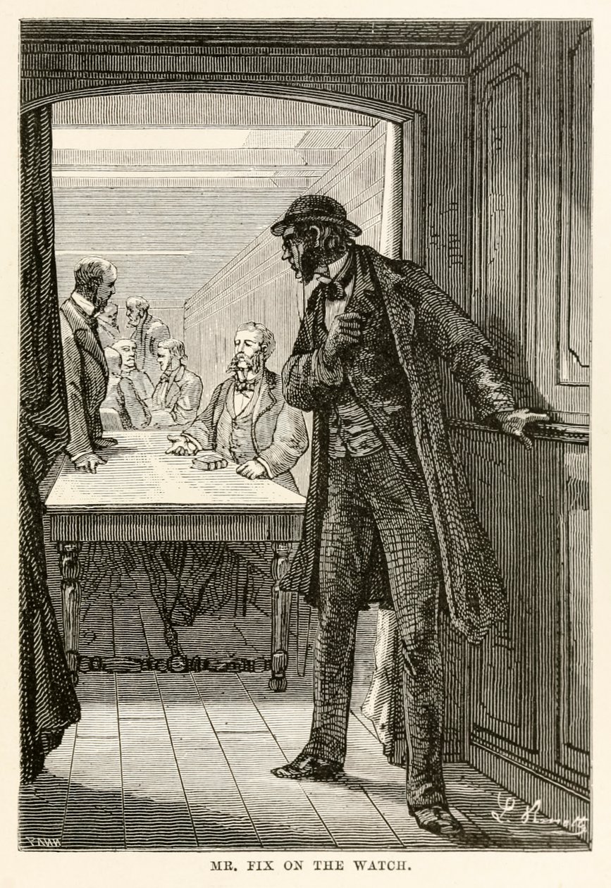 Mr. Fix on the watch, from Around the World in Eighty Days by Jules Verne by after Alphonse Marie de Neuville
