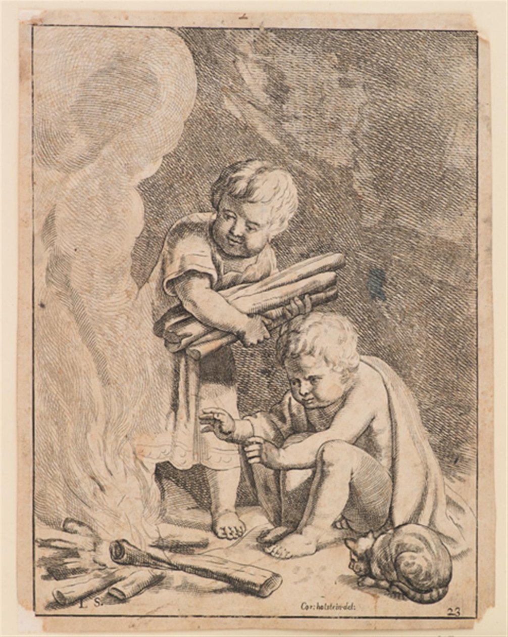 Two Children Making Fire by after Cornelis Holsteyn