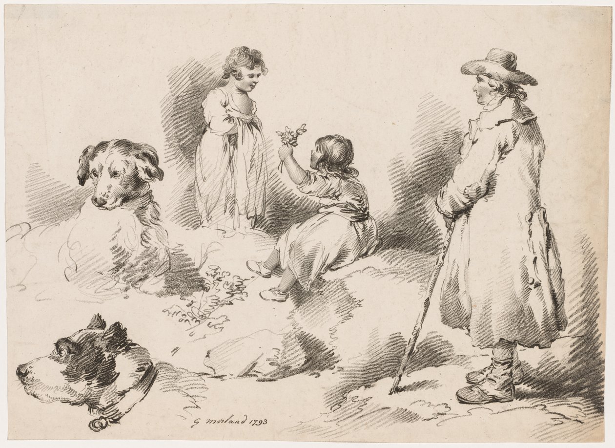 Studies of Children (Two Little Girls); Two Dogs; A Man by after George Morland