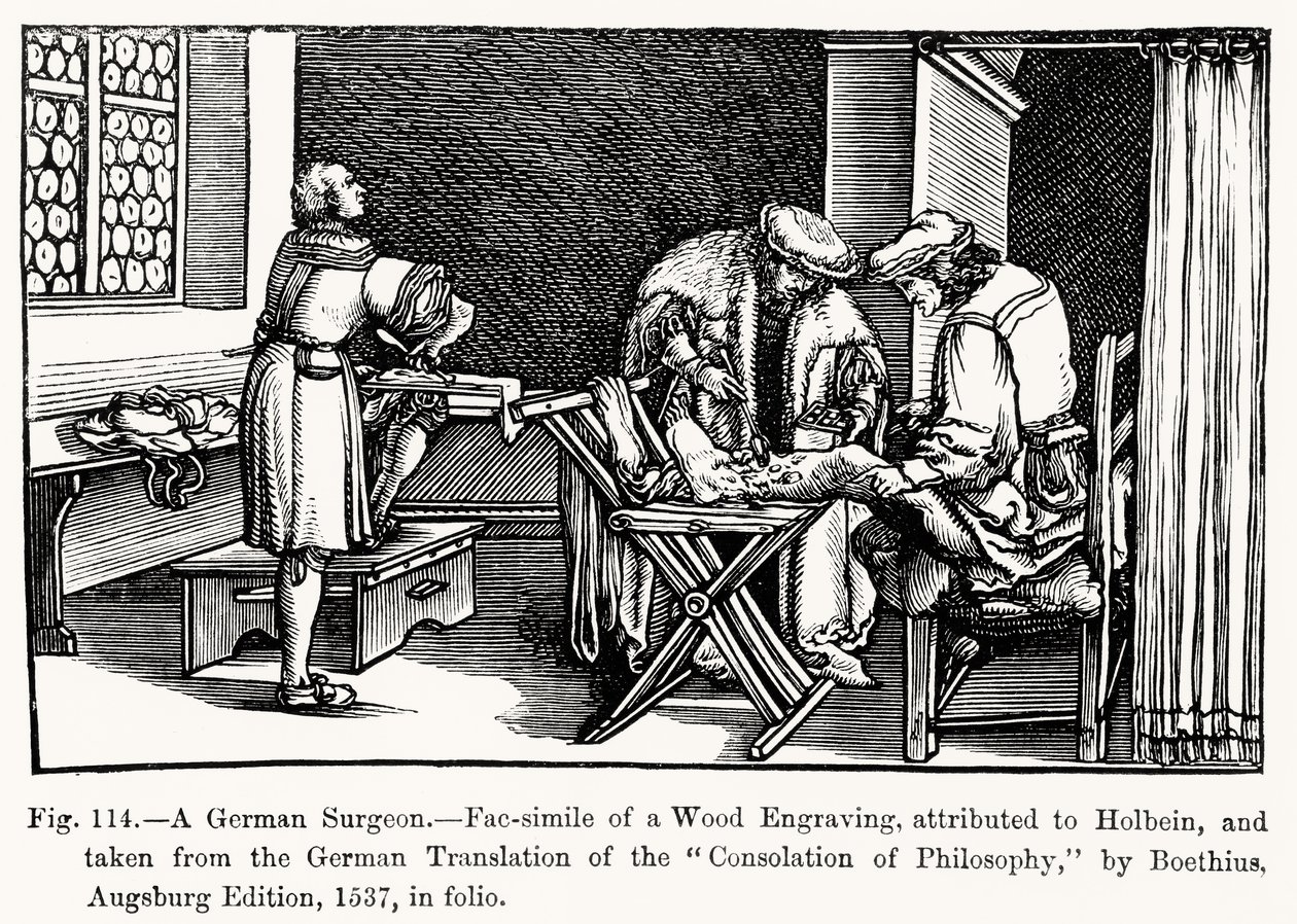 A German Surgeon, from Consolation of Philosophy by Boethius, illustration from Science and Literature in the Middle Ages and Renaissance, written and engraved by Paul Lacroix, 1878 by after German School
