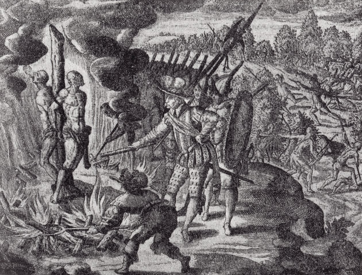 The Spaniards Revenge for the Death of Ayolas, from Gottfrieds Historia Antipodum, pub. in 1655, from The Romance of the River Plate, Vol. I, by W. H. Koebel, 1914 by after German School