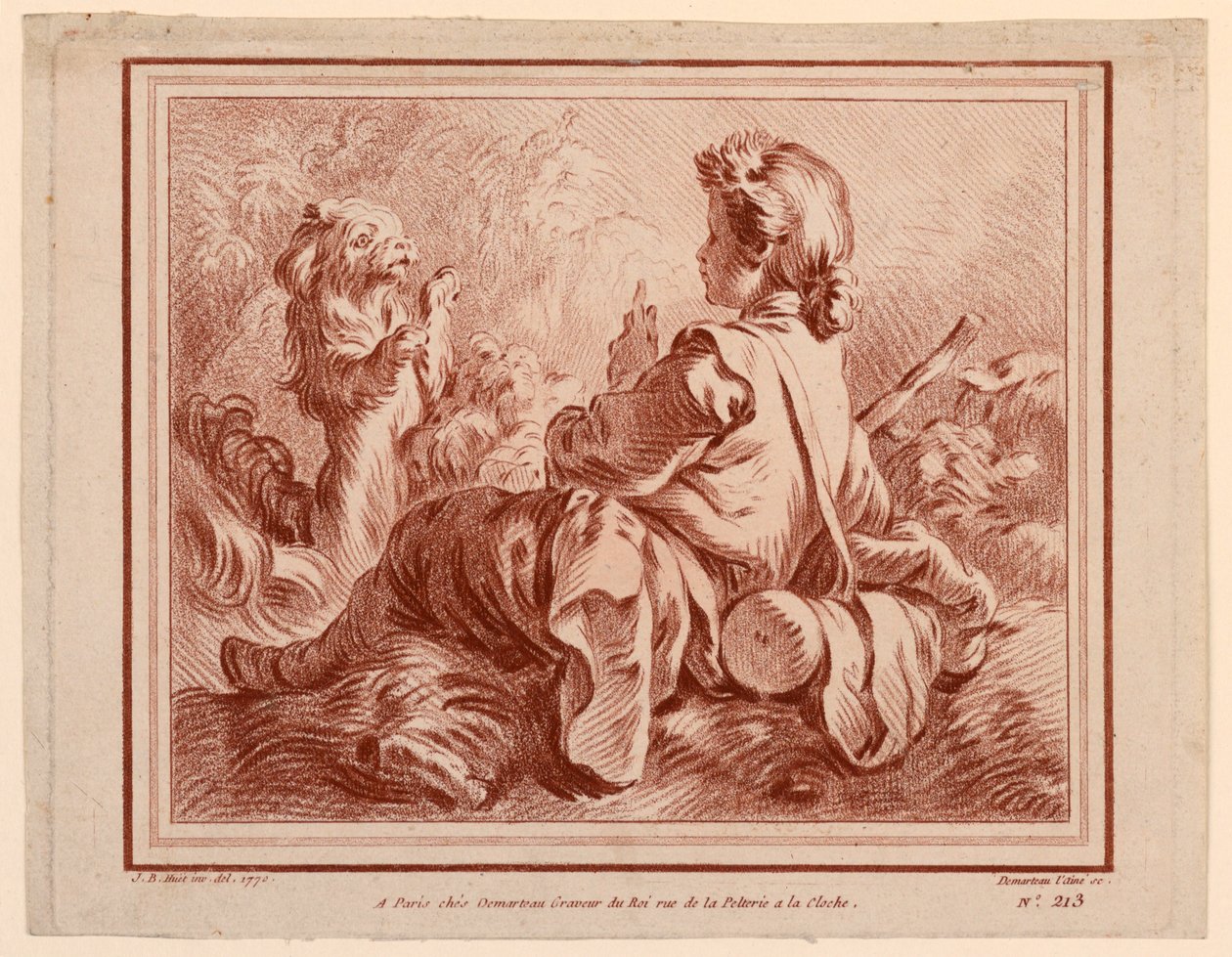 Seated Shepherd Playing with a Dog by after Jean Baptiste Huet