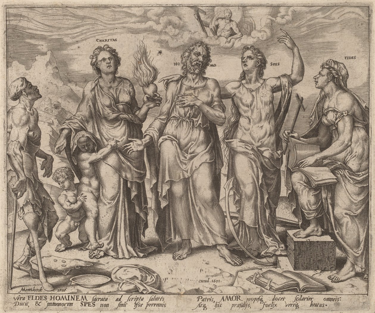 Man Assisted by Faith, Hope and Charity by after Maerten van Heemskerck